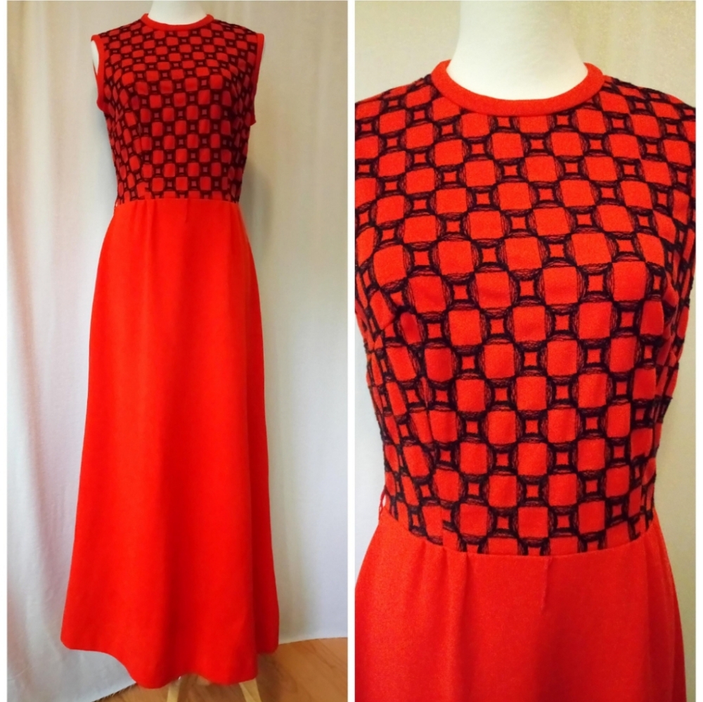 1960s Toni Todd Mod Red Maxi Dress EmbroideredBlack Geometric Patterns Small/Med
